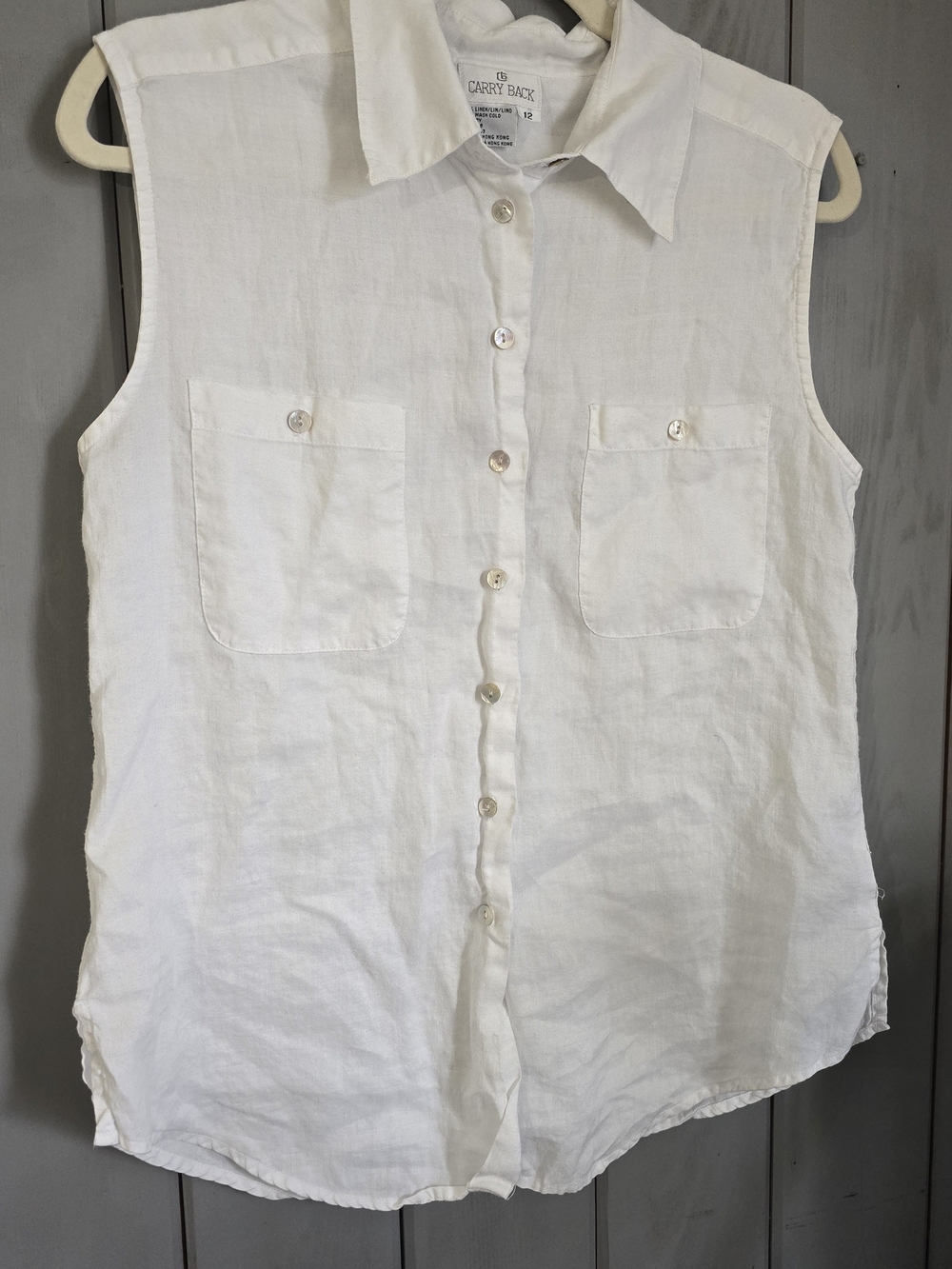 Carry Back Vintage 100% Linen Sleeveless Button Front Blouse White Size 12